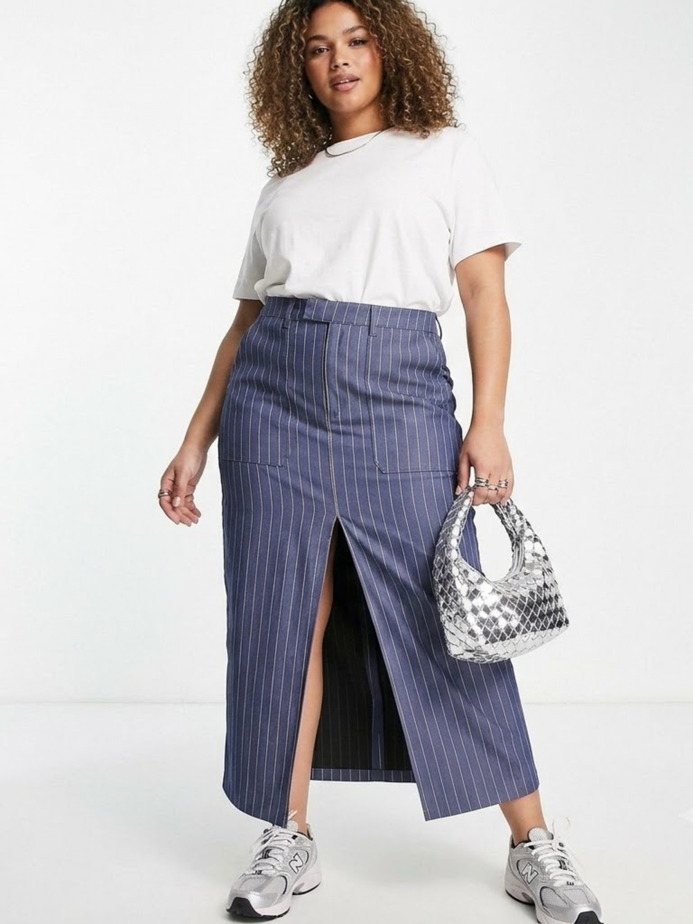 Bershka Tailored Indigo midi skirt with white pinstripe design Size XL